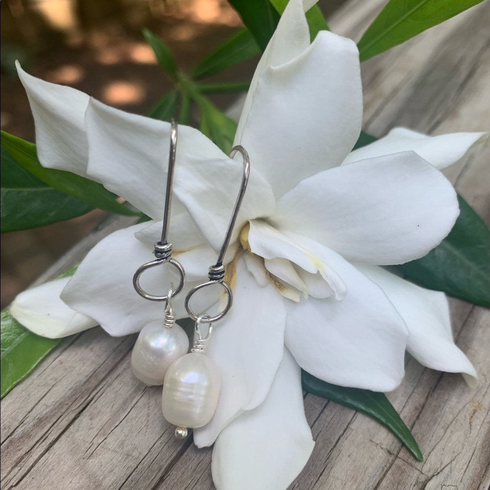 SOLD Pearl White Barrel Earrings.SS Twisted ear wire. Jewelry Store Quality - Picture 10 of 11